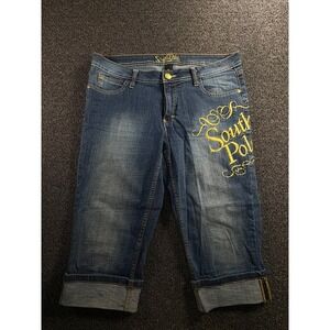 Southpole Womens Sz 11 Capri Jeans Medium Wash Yellow Embroidered Y2K Streetwear